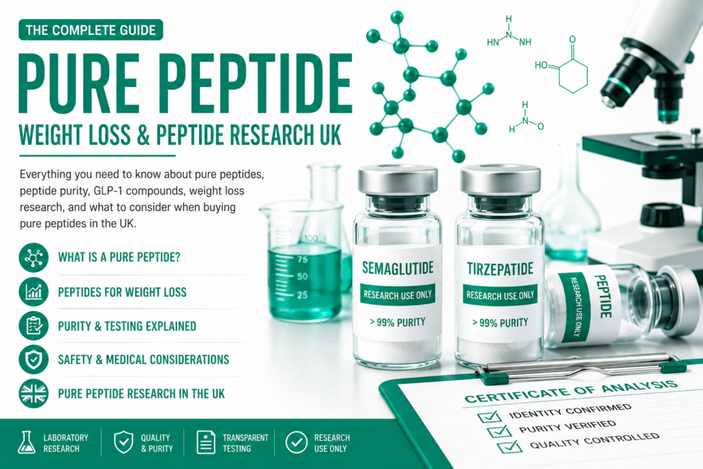 pure peptides, pure peptide UK, pure peptides UK, peptide research UK, research peptides UK, peptide purity, peptides for weight loss, GLP-1 peptides, semaglutide peptide, tirzepatide peptide.